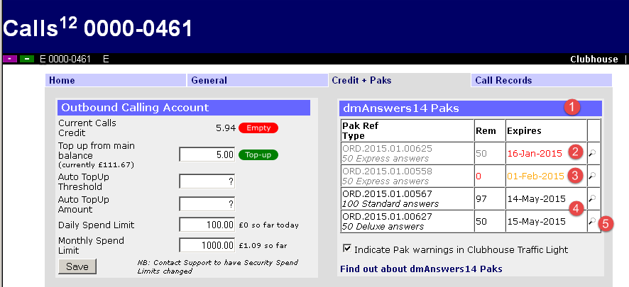 image of dmCalls12 control showing Paks
