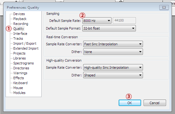 Audavity quality settings